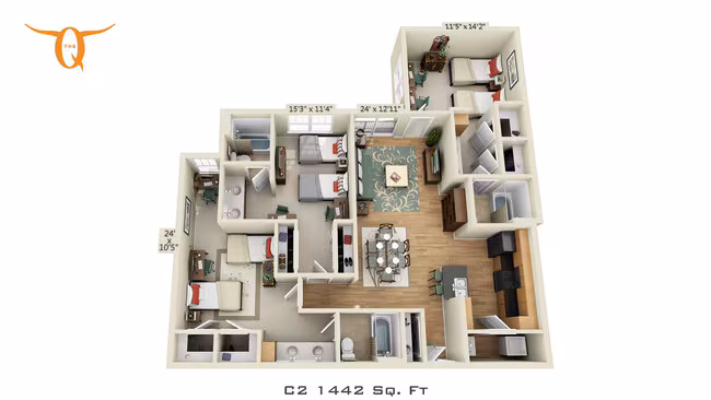 3 bedroom 3 bathroom Double Occupancy ADA-C2-HE Shared floor plan